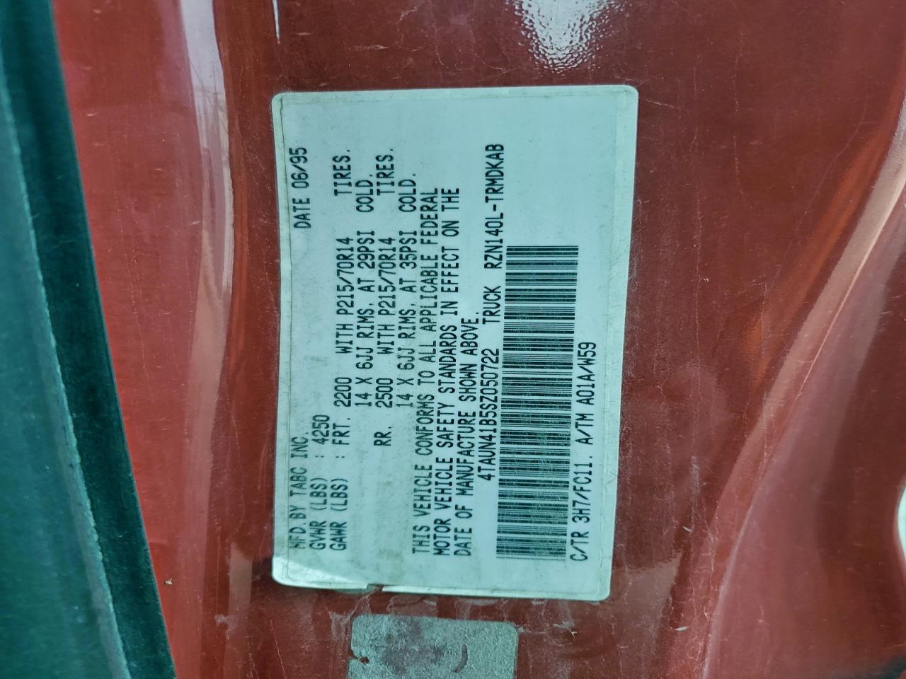 1995 Toyota Tacoma VIN: 4TAUN41B5SZ050722 Lot: 93953755