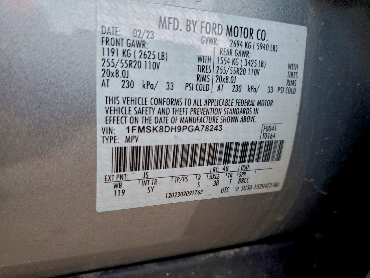 2023 Ford Explorer Xlt VIN: 1FMSK8DH9PGA78243 Lot: 94396025