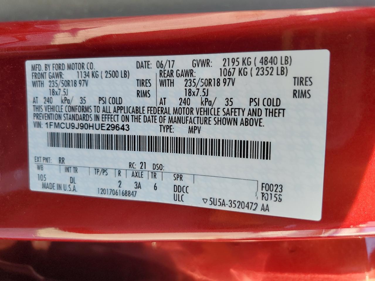 2017 Ford Escape Titanium VIN: 1FMCU9J90HUE29643 Lot: 91447455