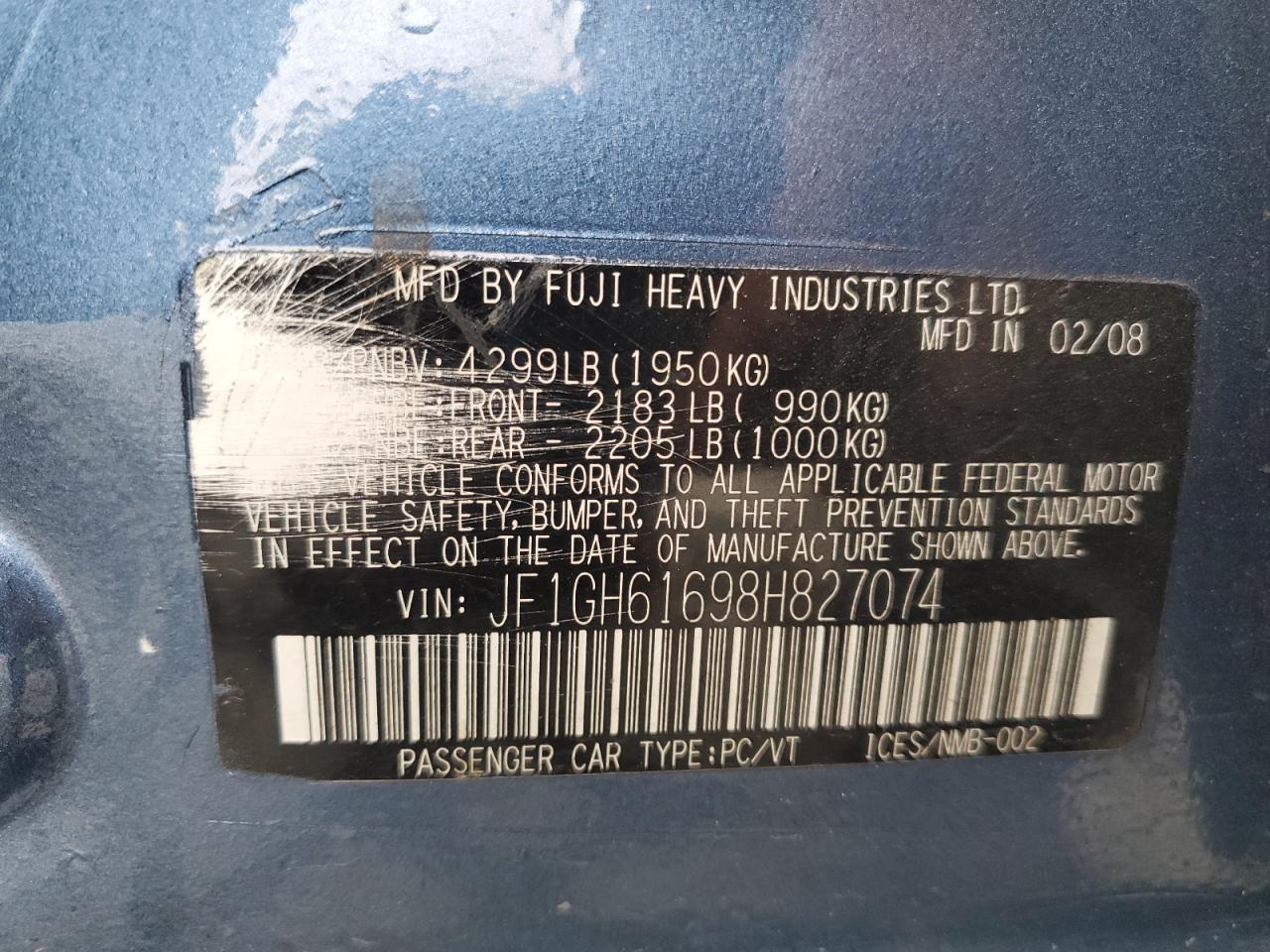 2008 Subaru Impreza 2.5I VIN: JF1GH61698H827074 Lot: 91635975