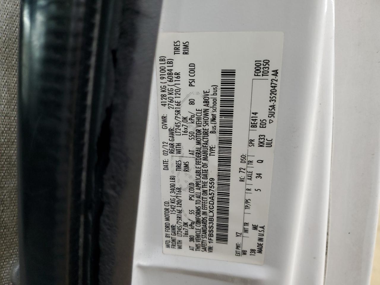 2012 Ford Econoline E350 Super Duty Wagon VIN: 1FBSS3BLXCDA57559 Lot: 90638185