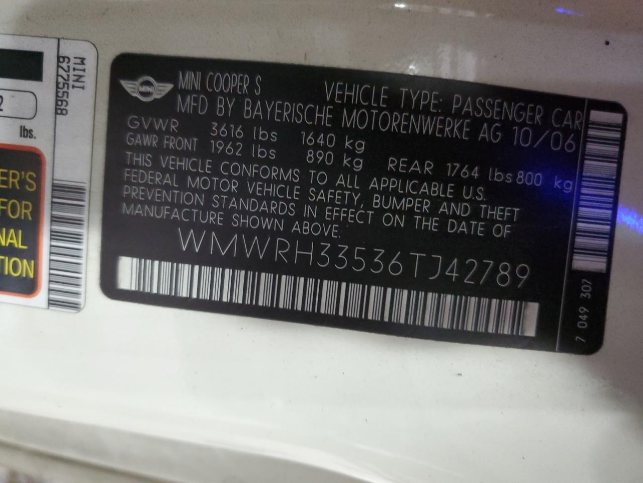 2006 Mini Cooper S VIN: WMWRH33536TJ42789 Lot: 93782955
