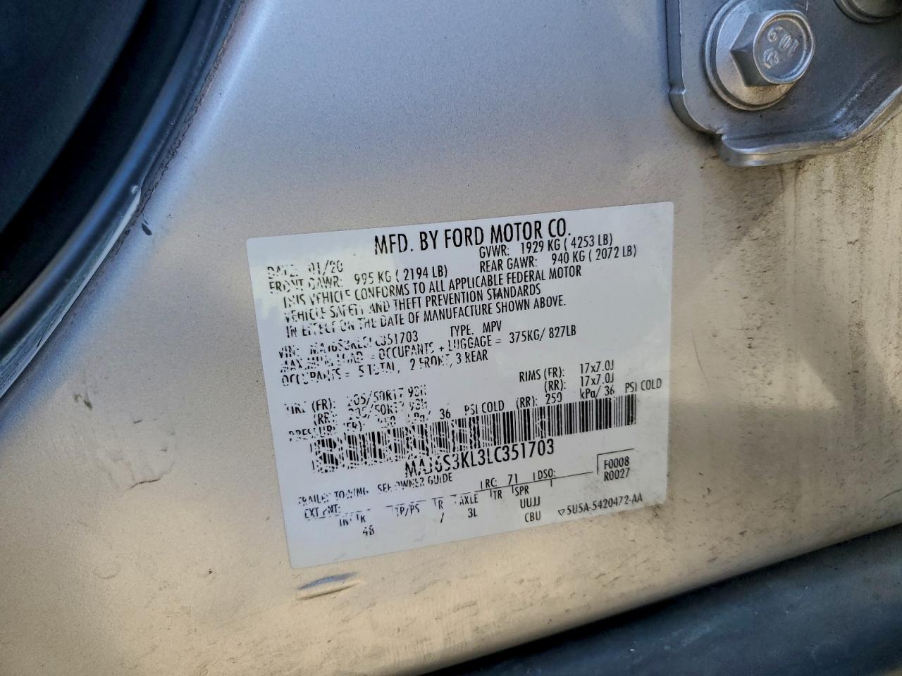 2020 Ford Ecosport Titanium VIN: MAJ6S3KL3LC351703 Lot: 91932305