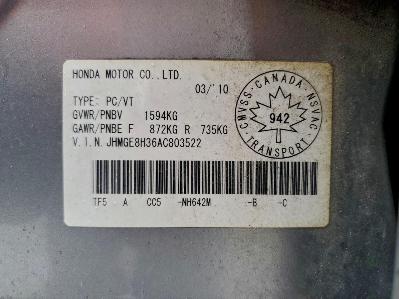2010 Honda Fit Dx-A VIN: JHMGE8H36AC803522 Lot: 93469285