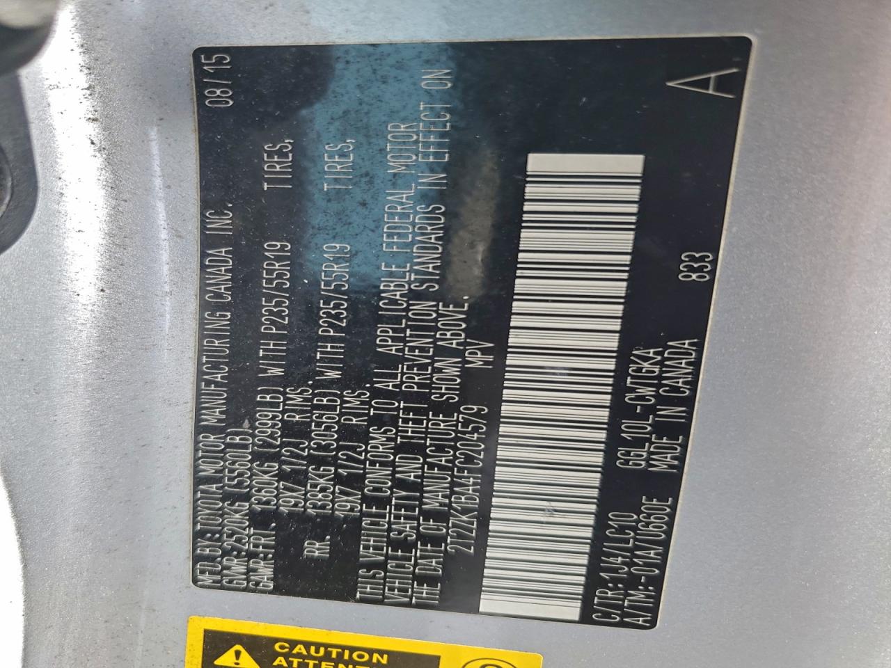 2015 Lexus Rx 350 VIN: 2T2ZK1BA4FC204579 Lot: 94499695