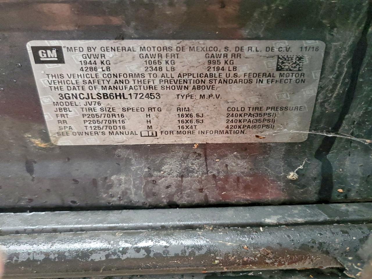 2017 Chevrolet Trax 1Lt VIN: 3GNCJLSB6HL172453 Lot: 94456285