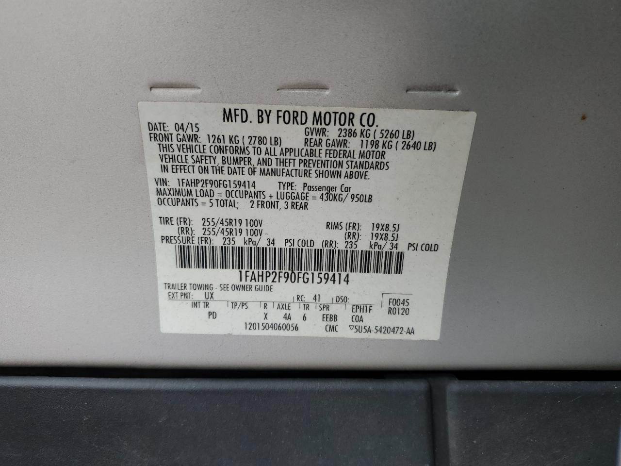 2015 Ford Taurus Limited VIN: 1FAHP2F90FG159414 Lot: 92732735