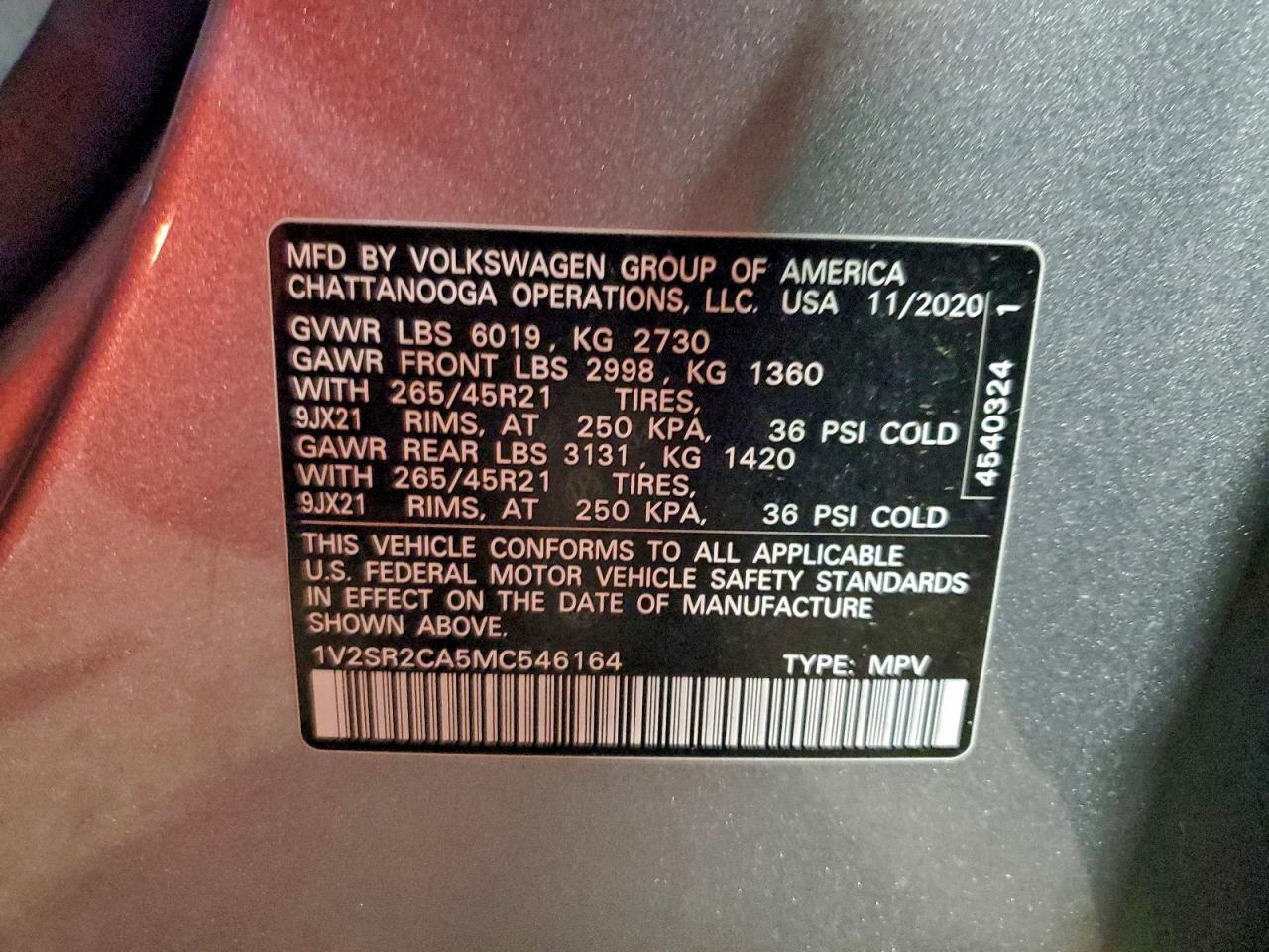 2021 Volkswagen Atlas Sel R-Line VIN: 1V2SR2CA5MC546164 Lot: 93645815