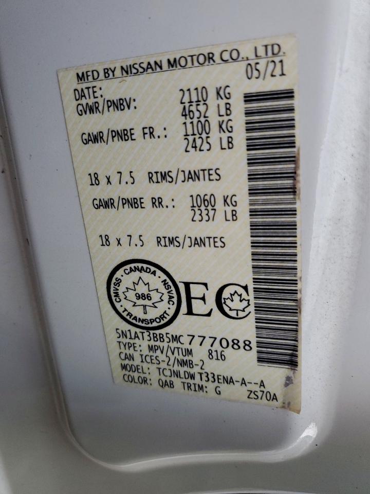 2021 Nissan Rogue Sv VIN: 5N1AT3BB5MC777088 Lot: 92544135