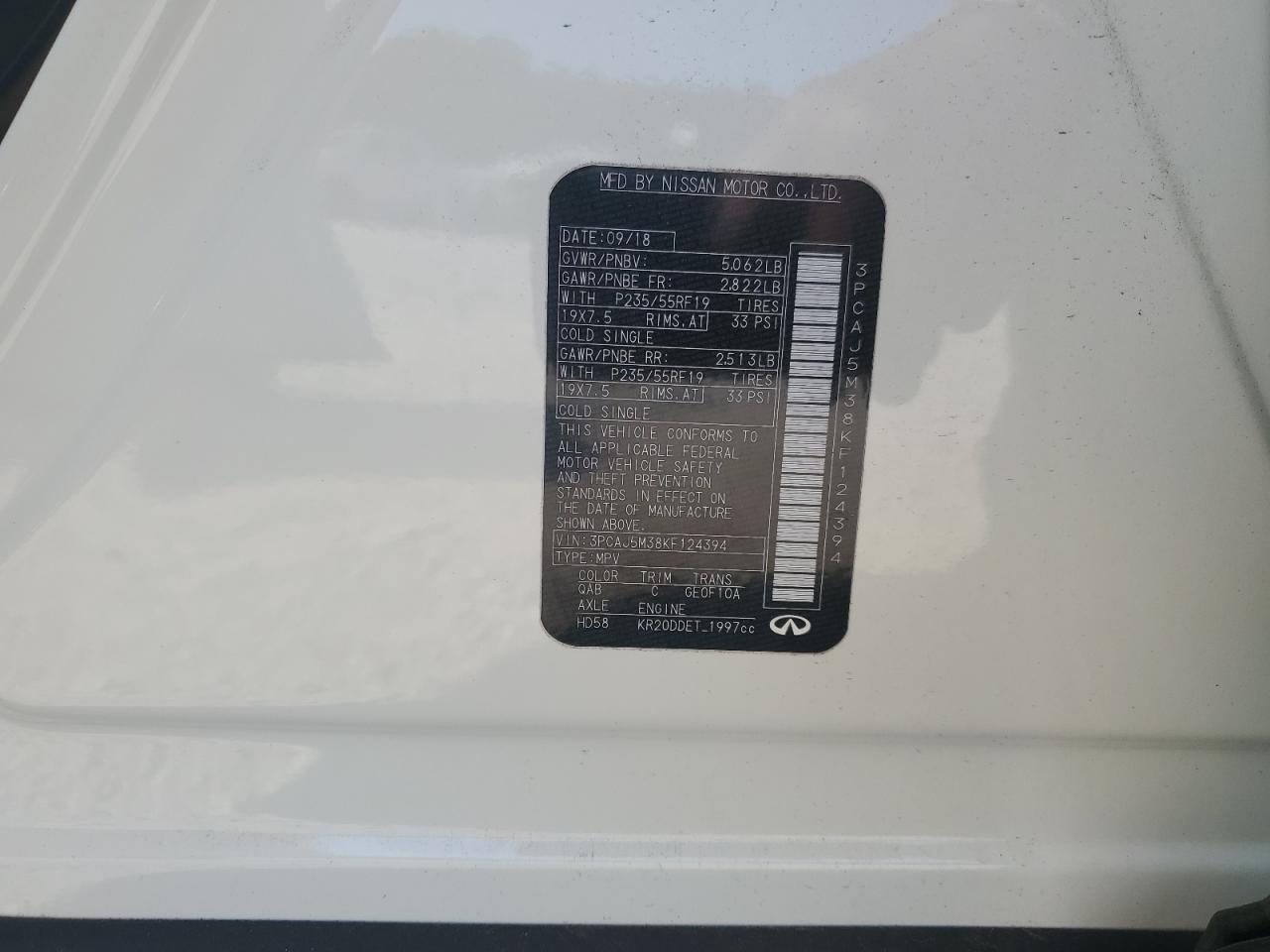 2019 Infiniti Qx50 Essential VIN: 3PCAJ5M38KF124394 Lot: 92739455