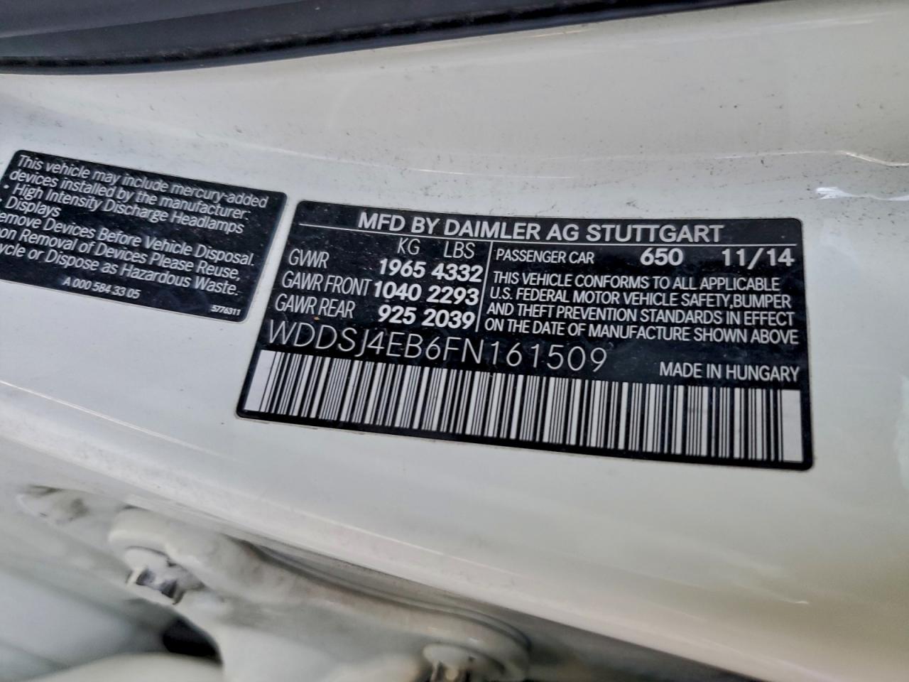 2015 Mercedes-Benz Cla 250 VIN: WDDSJ4EB6FN161509 Lot: 93997515