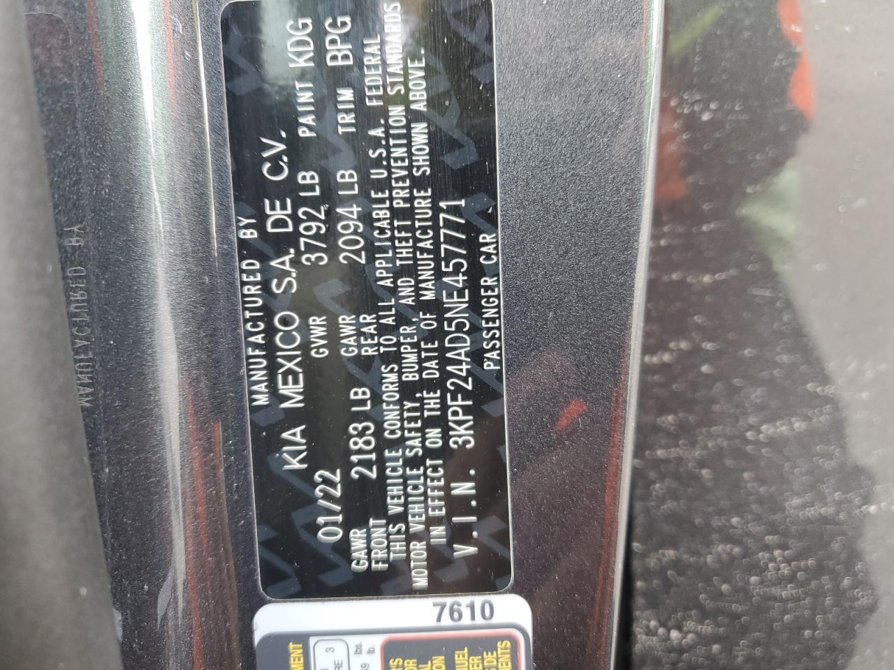 2022 Kia Forte Fe VIN: 3KPF24AD5NE457771 Lot: 93421015