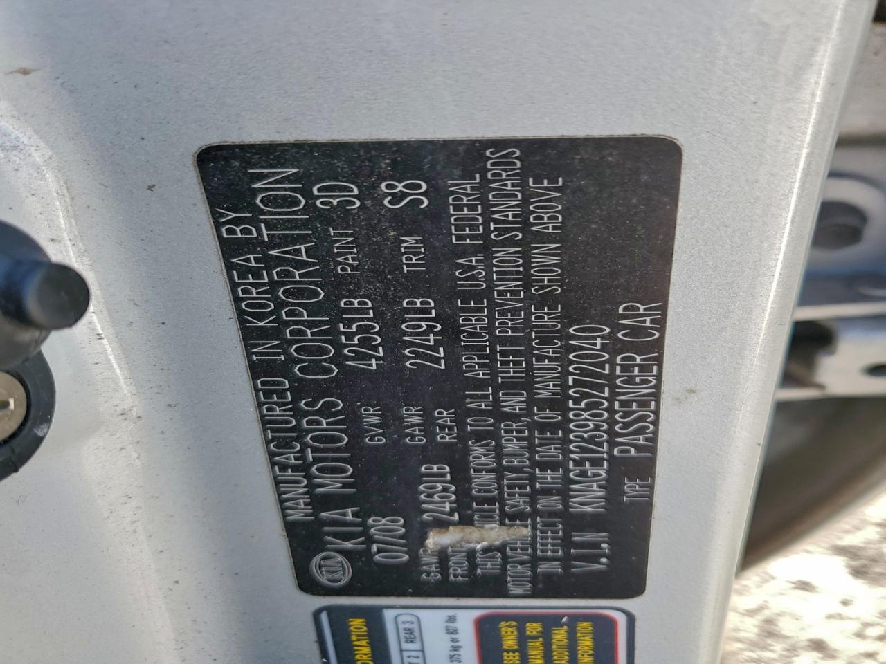 2008 Kia Optima Lx VIN: KNAGE123985272040 Lot: 93609005