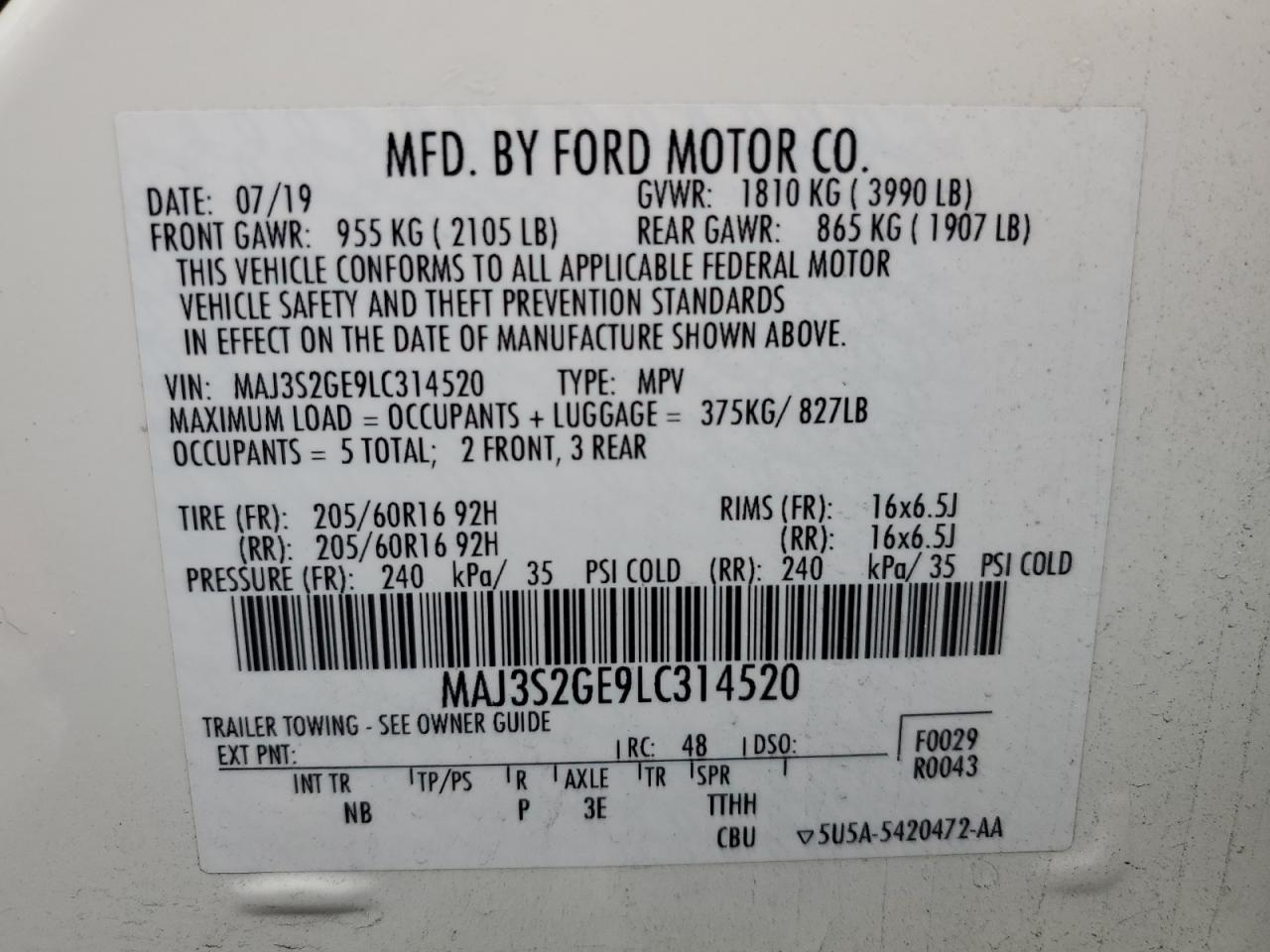 2020 Ford Ecosport Se VIN: MAJ3S2GE9LC314520 Lot: 91069915