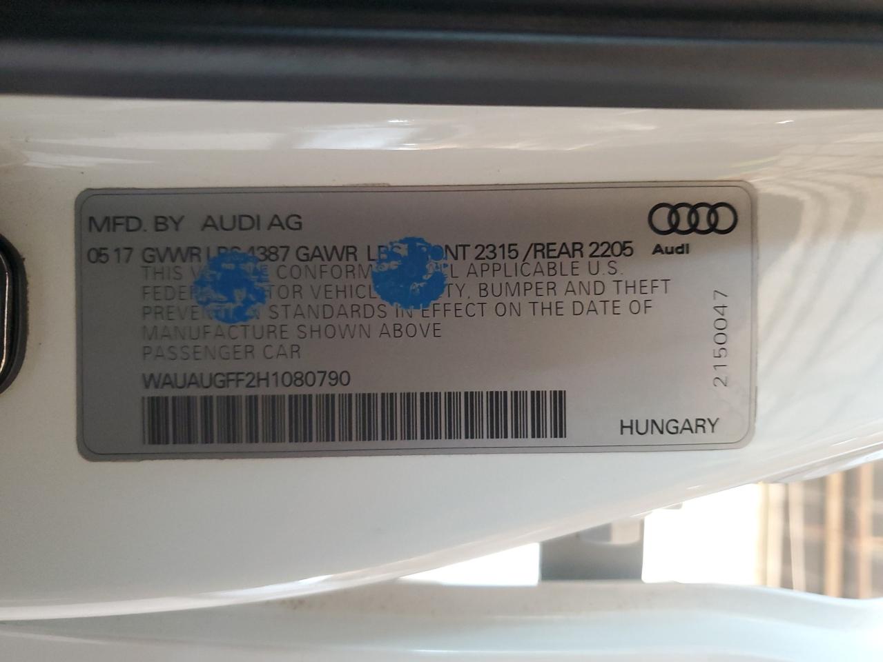 2017 Audi A3 Premium VIN: WAUAUGFF2H1080790 Lot: 91242865