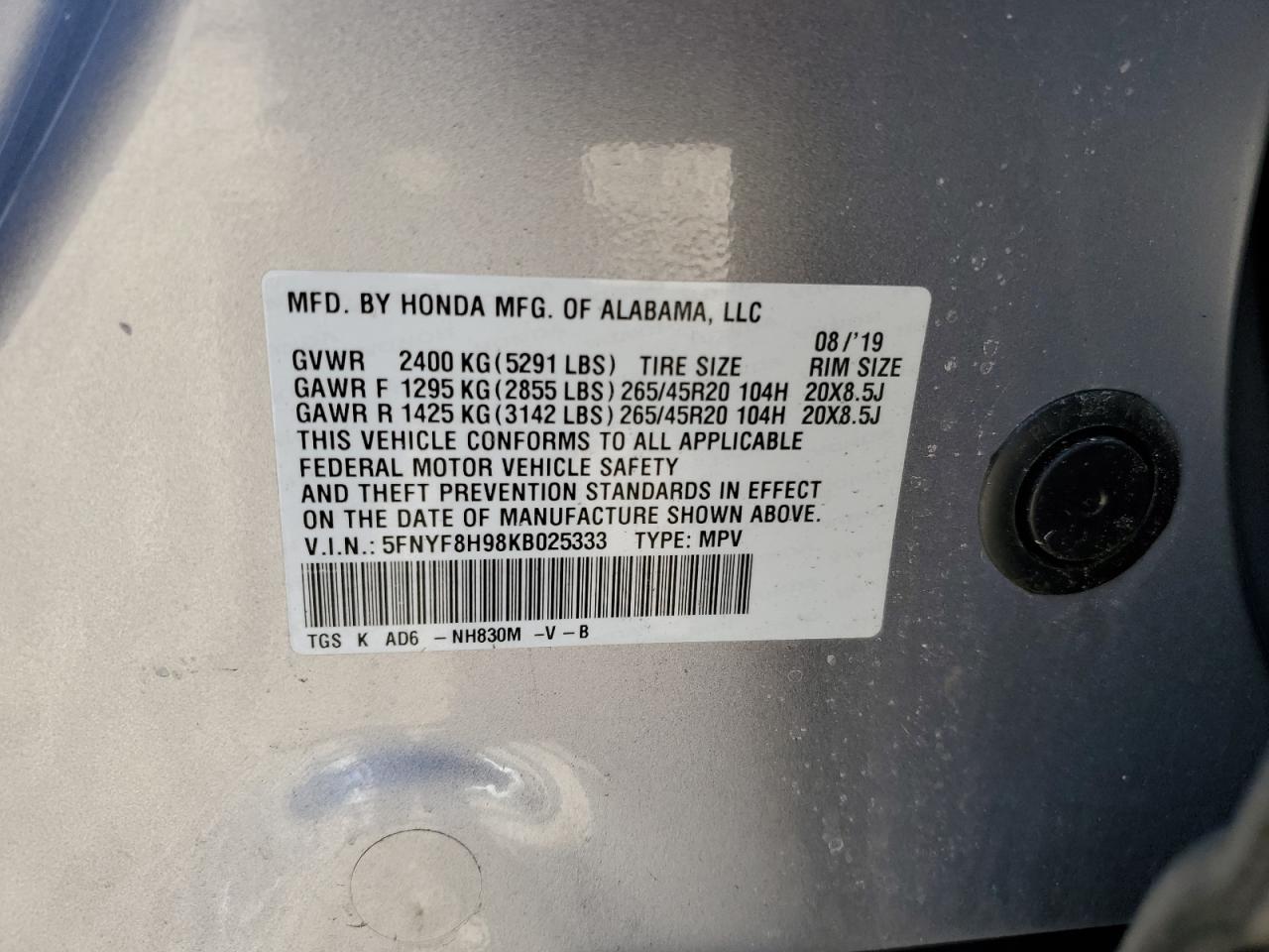 2019 Honda Passport Touring VIN: 5FNYF8H98KB025333 Lot: 93186135