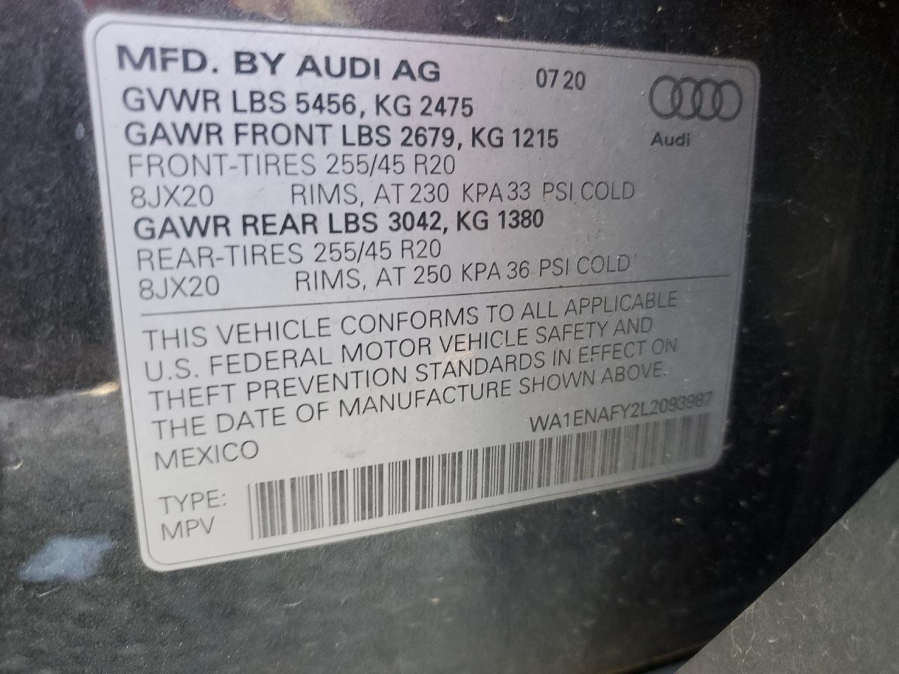 2020 Audi Q5 Titanium Premium Plus VIN: WA1ENAFY2L2093987 Lot: 91578995