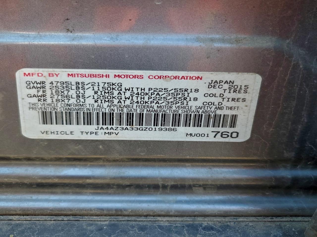 2016 Mitsubishi Outlander Se VIN: JA4AZ3A33GZ019386 Lot: 94034315