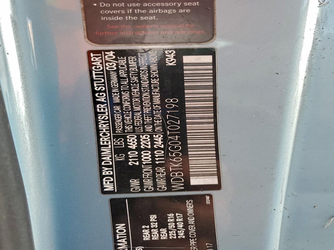 2004 Mercedes-Benz Clk 320 VIN: WDBTK65G04T027198 Lot: 91562185