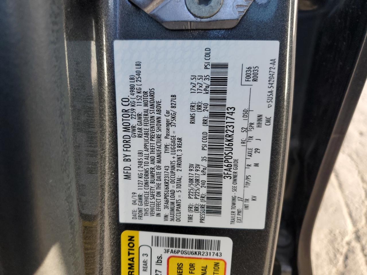 2019 Ford Fusion Titanium VIN: 3FA6P0SU6KR231743 Lot: 90750255