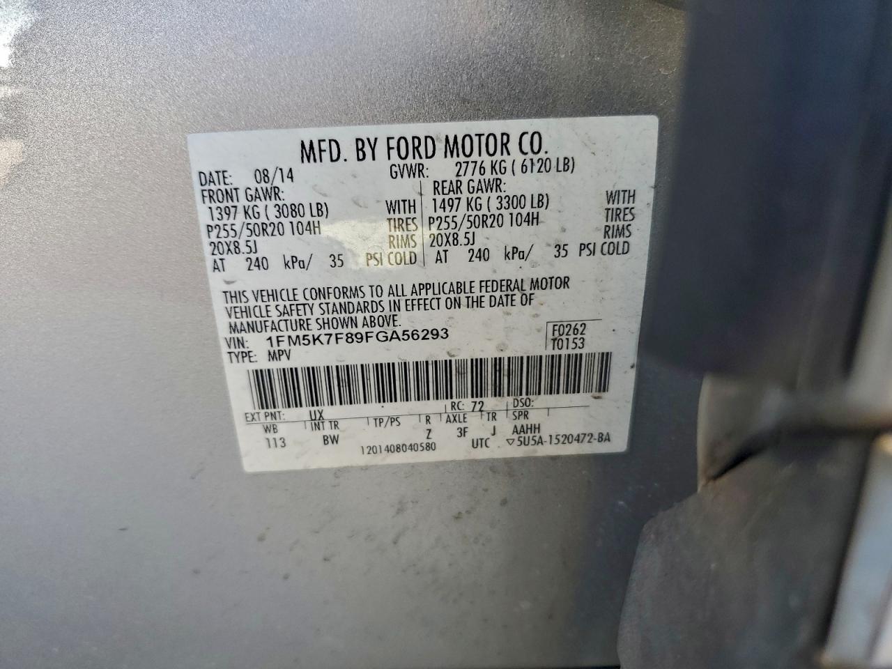 2015 Ford Explorer Limited VIN: 1FM5K7F89FGA56293 Lot: 94566665