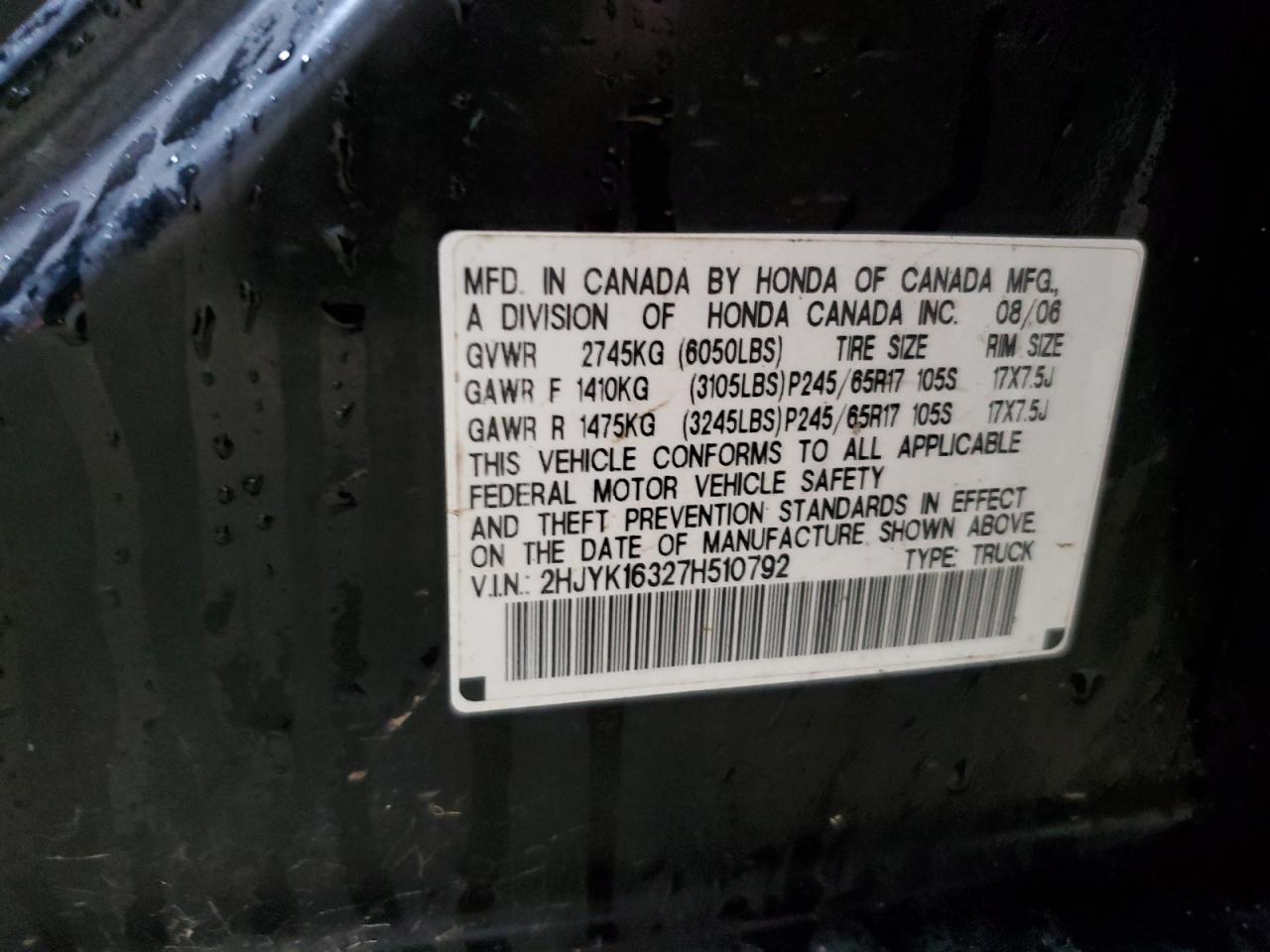 2007 Honda Ridgeline Rtx VIN: 2HJYK16327H510792 Lot: 92435695
