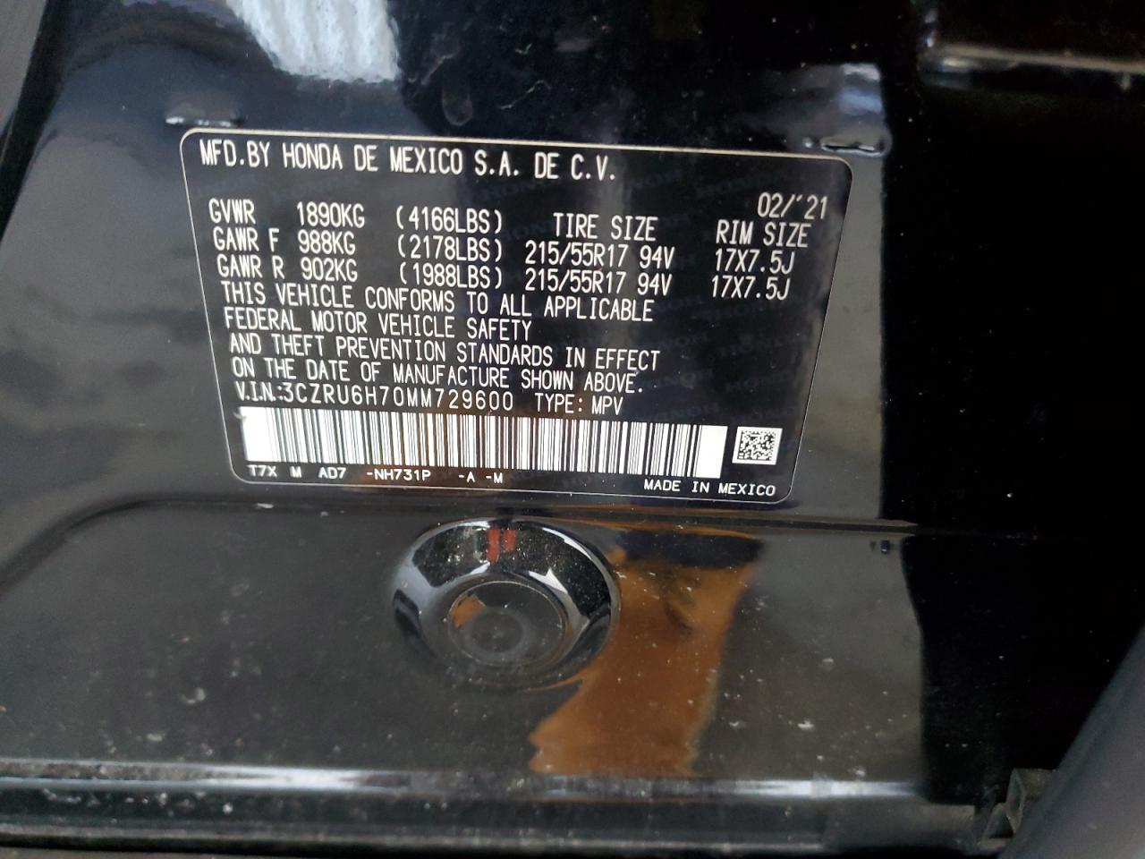 2021 Honda Hr-V Exl VIN: 3CZRU6H70MM729600 Lot: 92510735