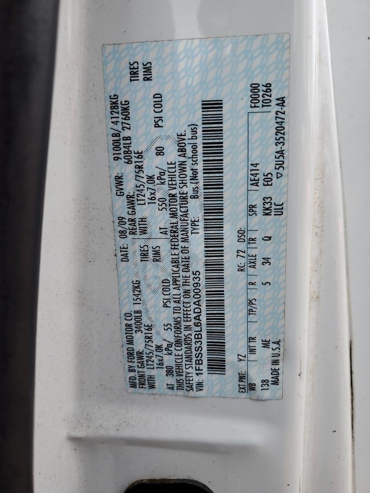 2010 Ford E350 Van VIN: 1FBSS3BL6ADA00935 Lot: 93275685