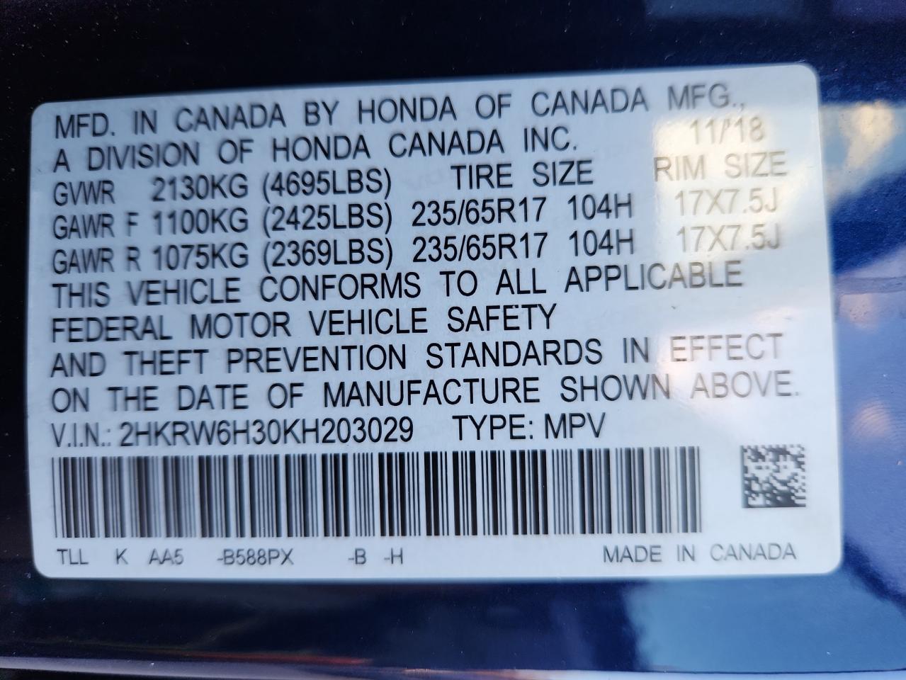 2019 Honda Cr-V Lx VIN: 2HKRW6H30KH203029 Lot: 92727555