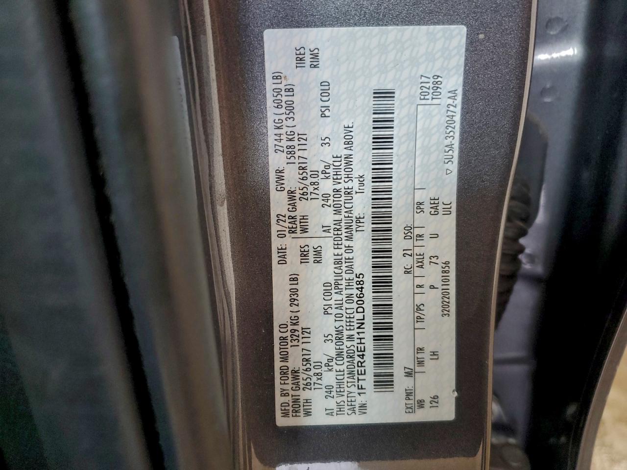 2022 Ford Ranger Xl VIN: 1FTER4EH1NLD06485 Lot: 94087355