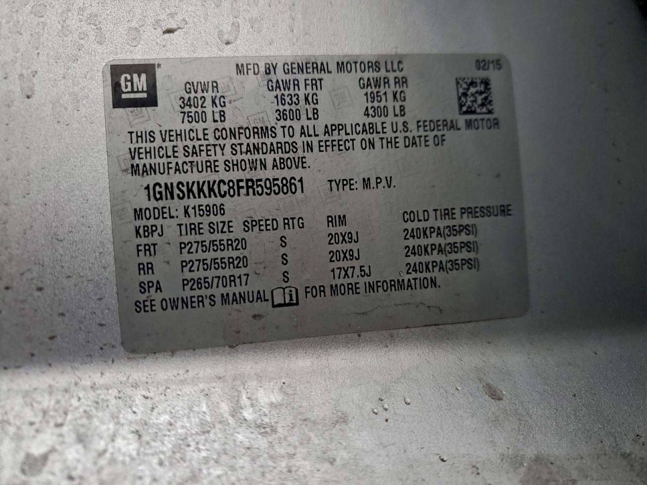 2015 Chevrolet Suburban K1500 Ltz VIN: 1GNSKKKC8FR595861 Lot: 92976215