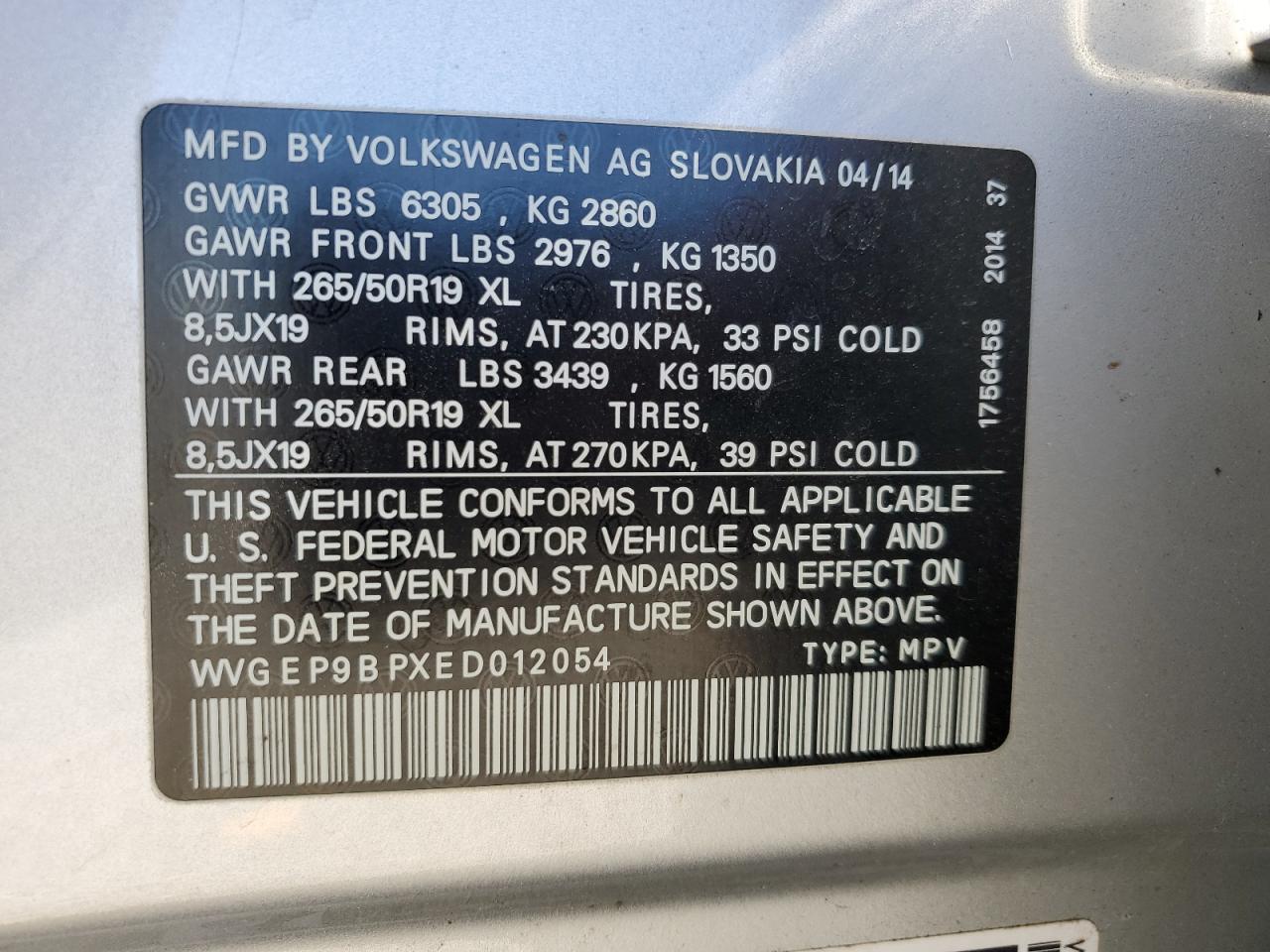 2014 Volkswagen Touareg V6 Tdi VIN: WVGEP9BPXED012054 Lot: 91861475