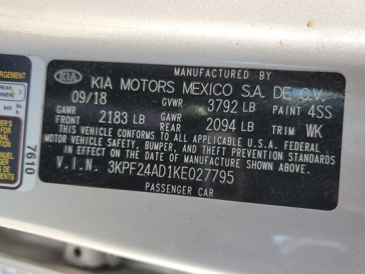 2019 Kia Forte Fe VIN: 3KPF24AD1KE027795 Lot: 91494185