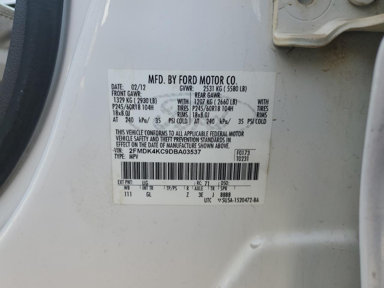 2013 Ford Edge Limited VIN: 2FMDK4KC9DBA03537 Lot: 92755595