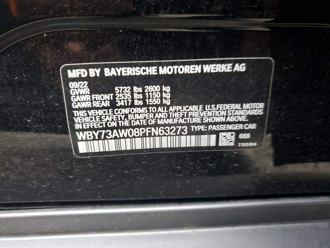 2023 BMW I4 Edrive 40 VIN: WBY73AW08PFN63273 Lot: 93356925