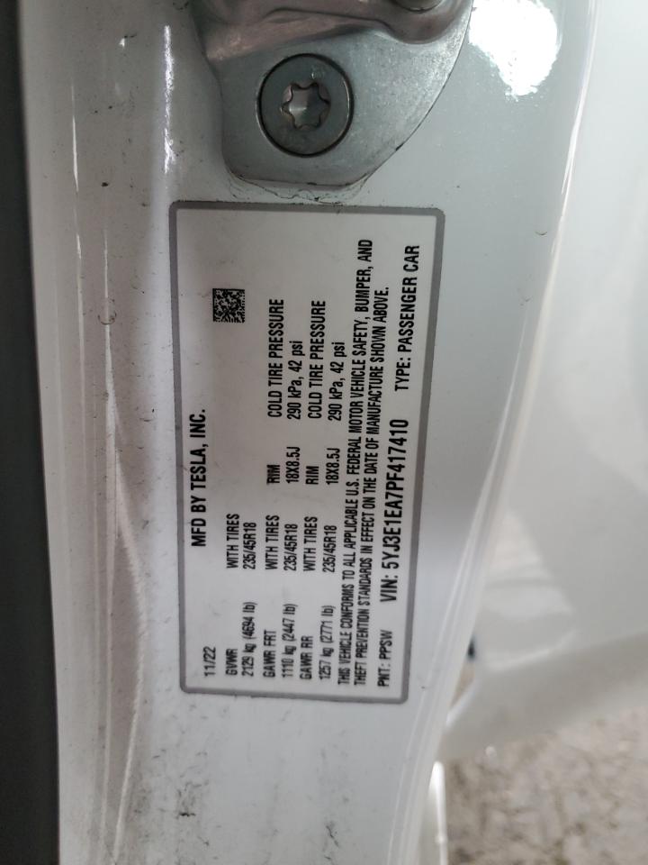 2023 Tesla Model 3 VIN: 5YJ3E1EA7PF417410 Lot: 90899075