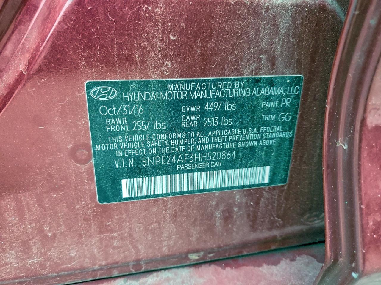 2017 Hyundai Sonata Se VIN: 5NPE24AF3HH520864 Lot: 93873375