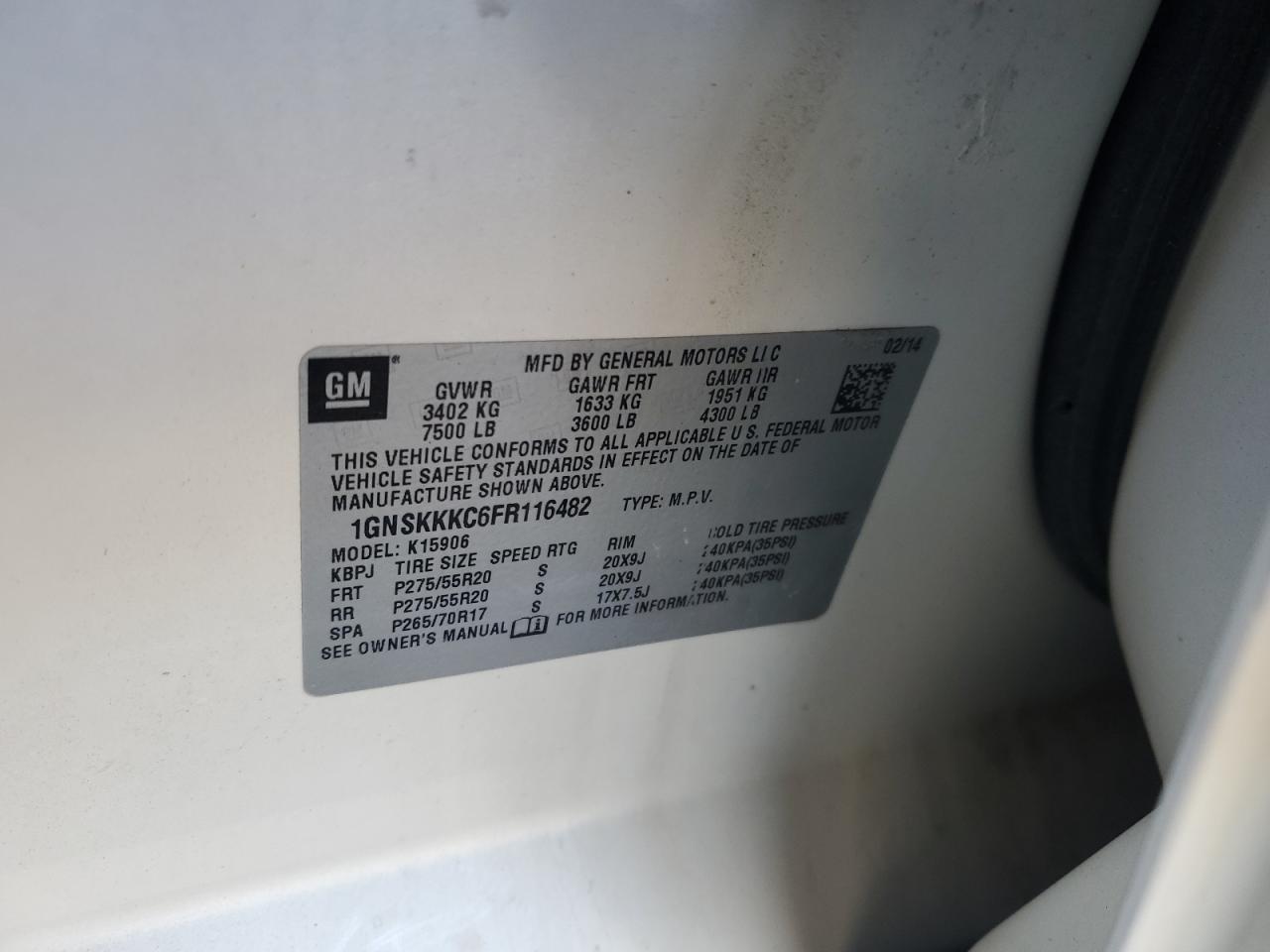 2015 Chevrolet Suburban K1500 Ltz VIN: 1GNSKKKC6FR116482 Lot: 93652465