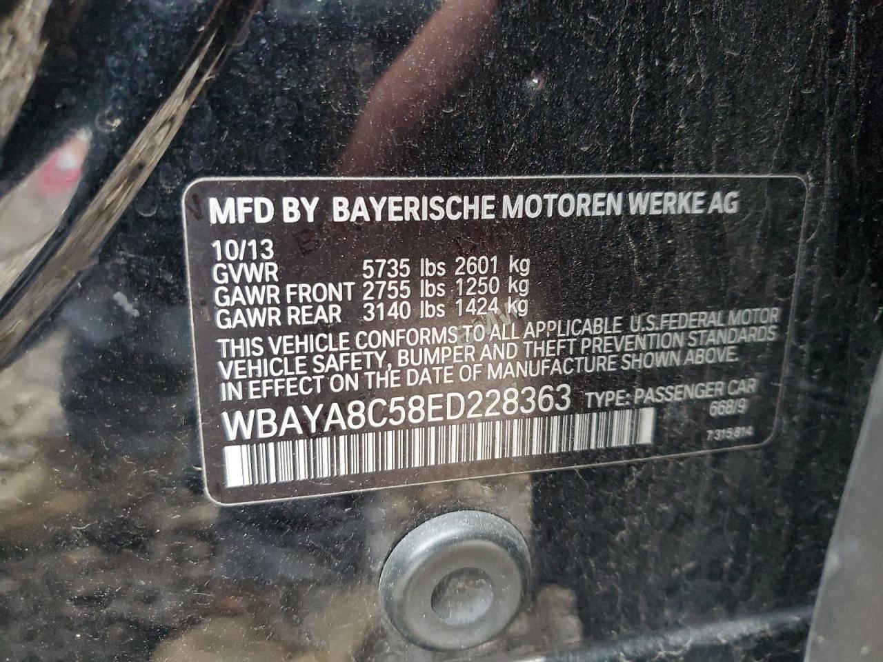 2014 BMW 750 I VIN: WBAYA8C58ED228363 Lot: 92612895