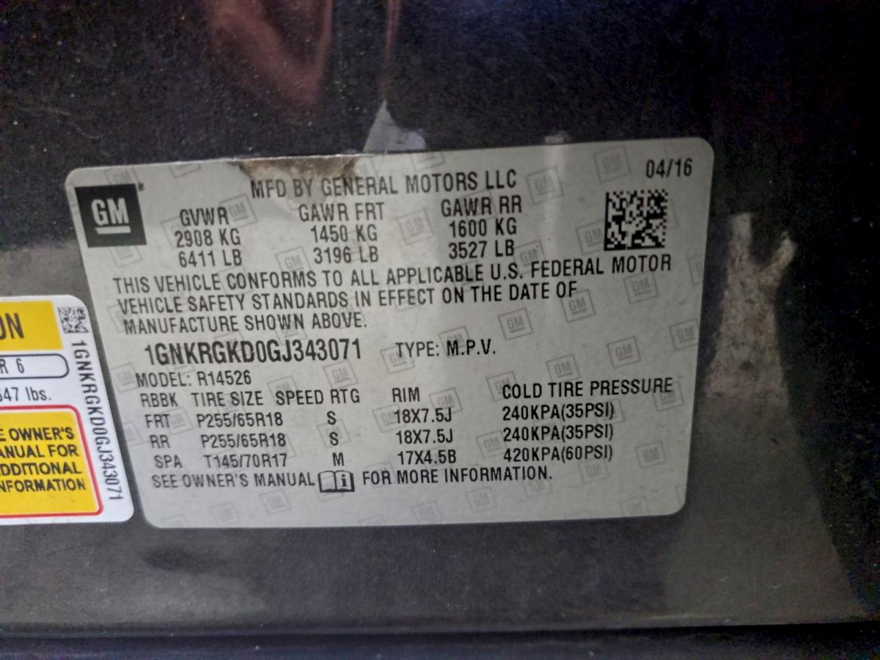 2016 Chevrolet Traverse Lt VIN: 1GNKRGKD0GJ343071 Lot: 93761155