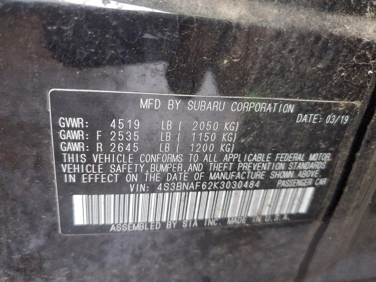 2019 Subaru Legacy 2.5I Premium VIN: 4S3BNAF62K3030484 Lot: 93969905