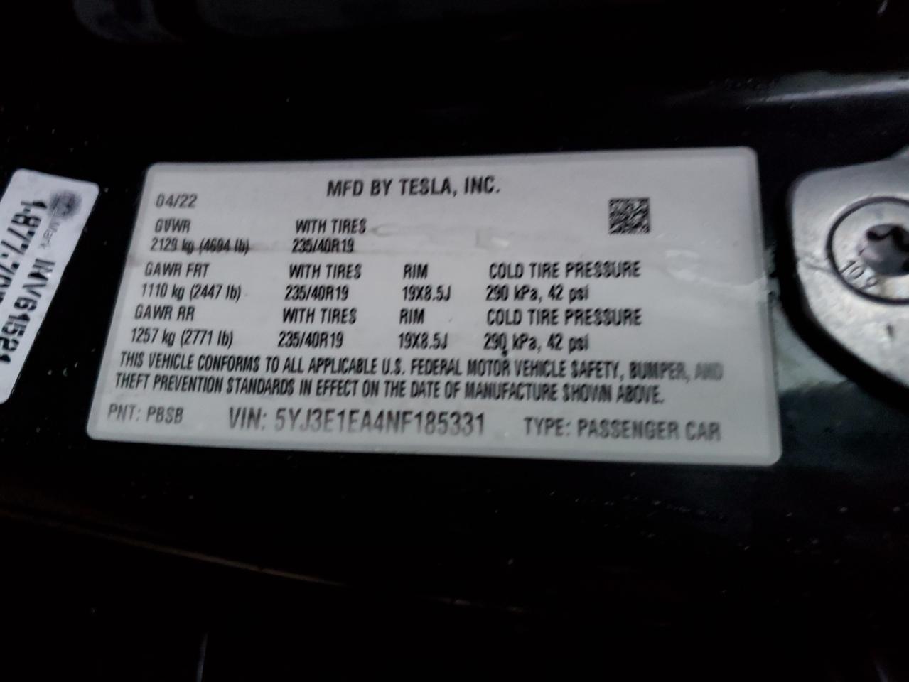 2022 Tesla Model 3 VIN: 5YJ3E1EA4NF185331 Lot: 92207835