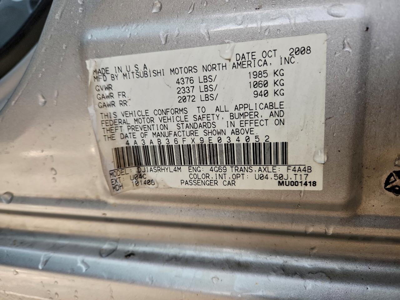 2009 Mitsubishi Galant Es VIN: 4A3AB36FX9E034052 Lot: 93734615