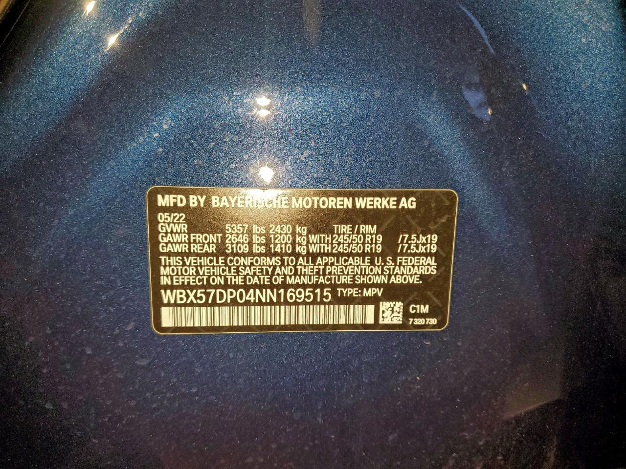 2022 BMW X3 xDrive30I VIN: WBX57DP04NN169515 Lot: 93958055