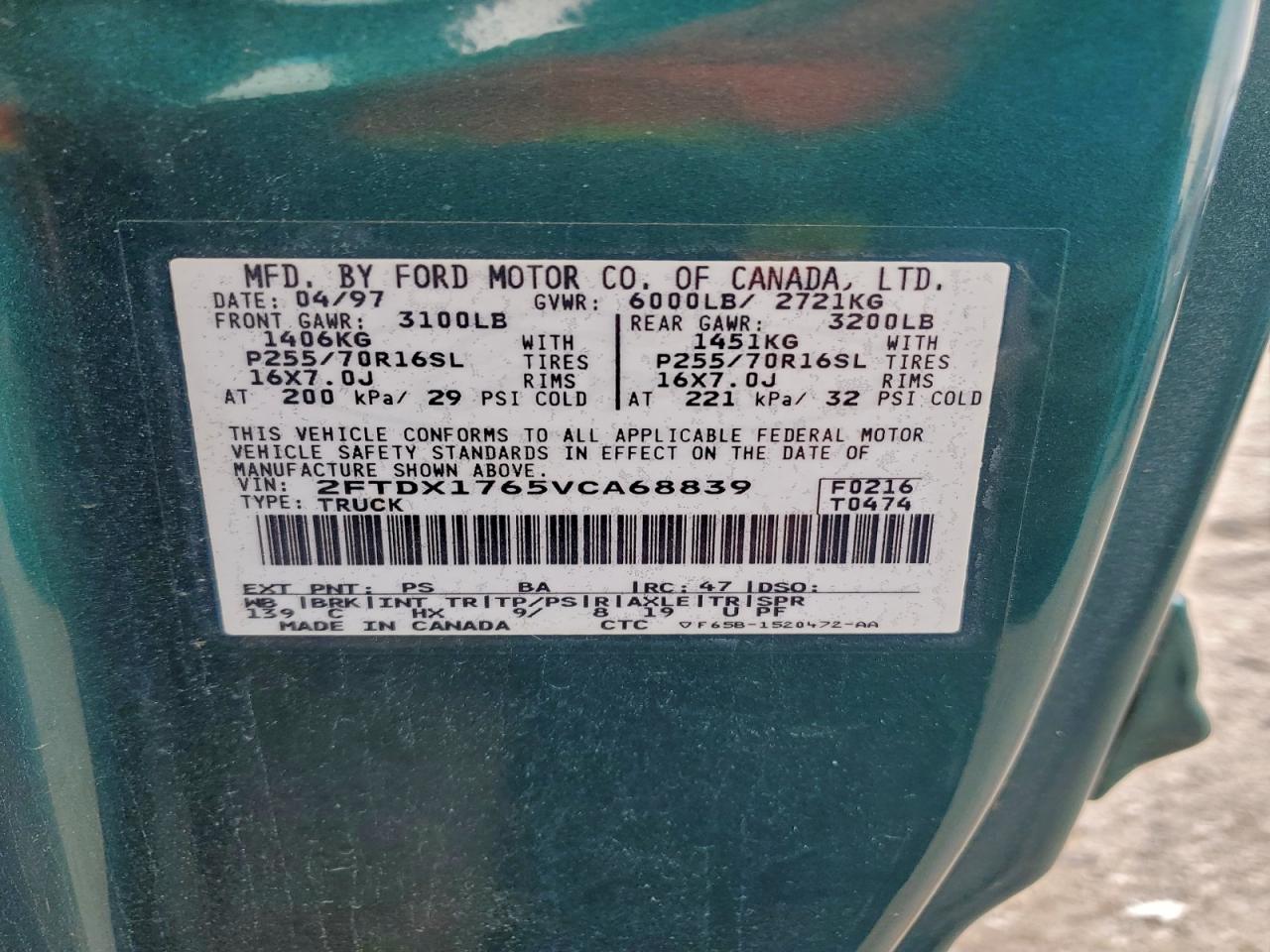 1997 Ford F150 VIN: 2FTDX1765VCA68839 Lot: 94223685
