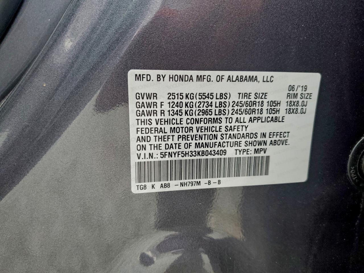 2019 Honda Pilot Ex VIN: 5FNYF5H33KB043409 Lot: 93974665