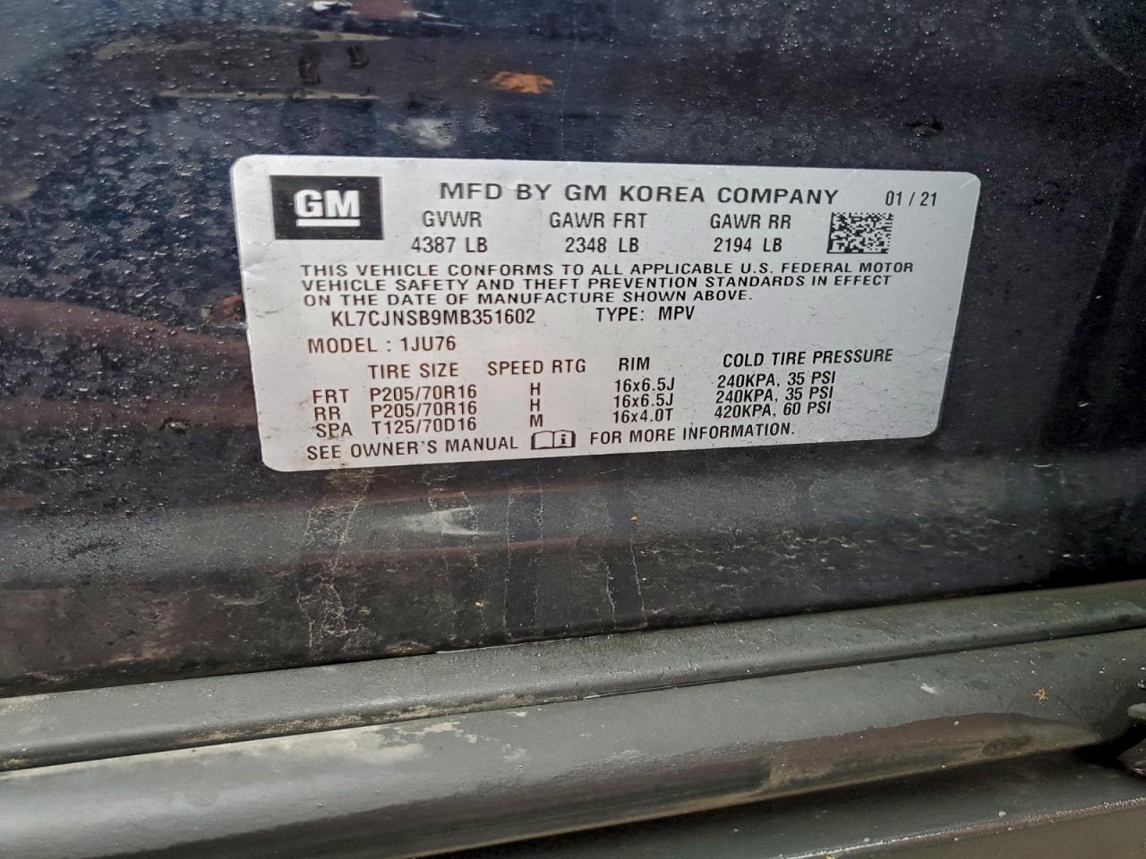 2021 Chevrolet Trax Ls VIN: KL7CJNSB9MB351602 Lot: 93352405