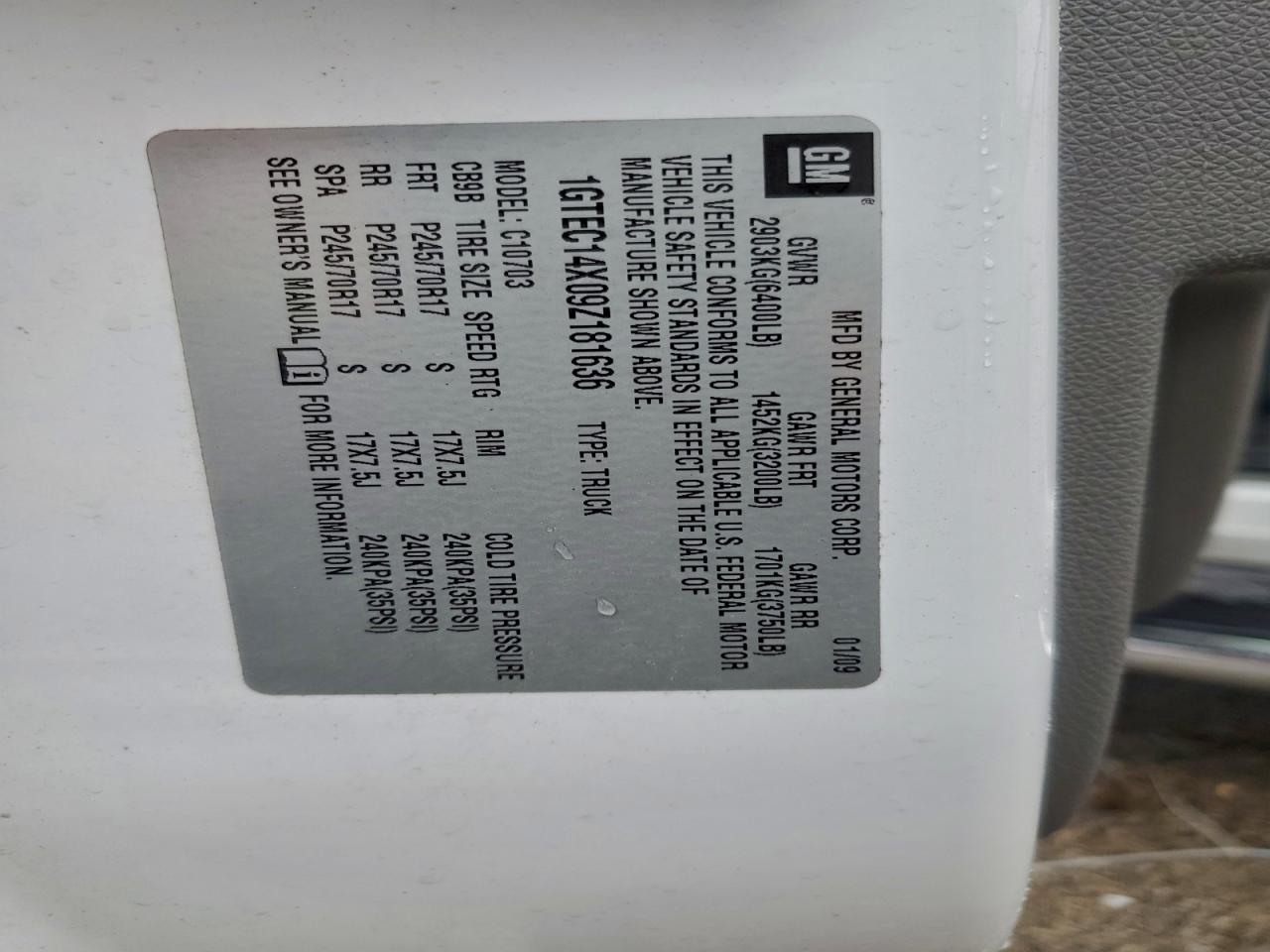 2009 GMC Sierra C1500 VIN: 1GTEC14X09Z181636 Lot: 94110175