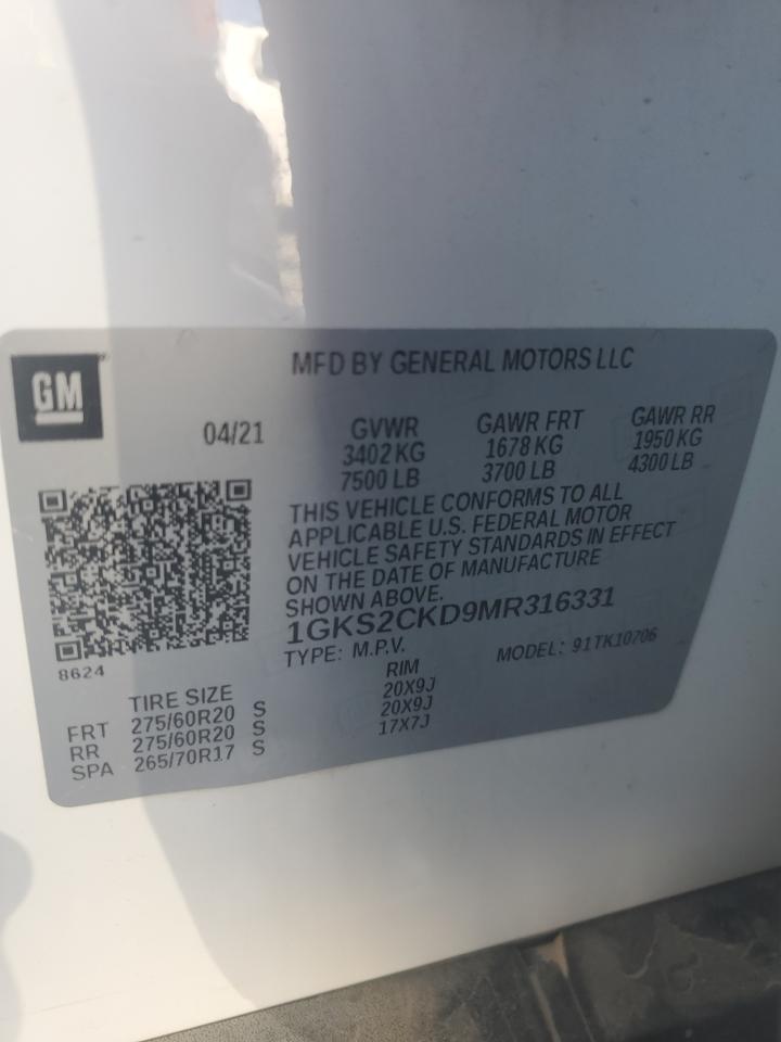 2021 GMC Yukon At4 VIN: 1GKS2CKD9MR316331 Lot: 91215195
