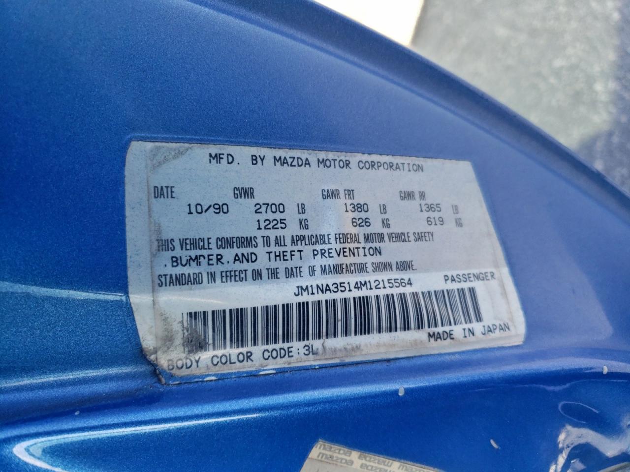 1991 Mazda Mx-5 Miata VIN: JM1NA3514M1215564 Lot: 94375525